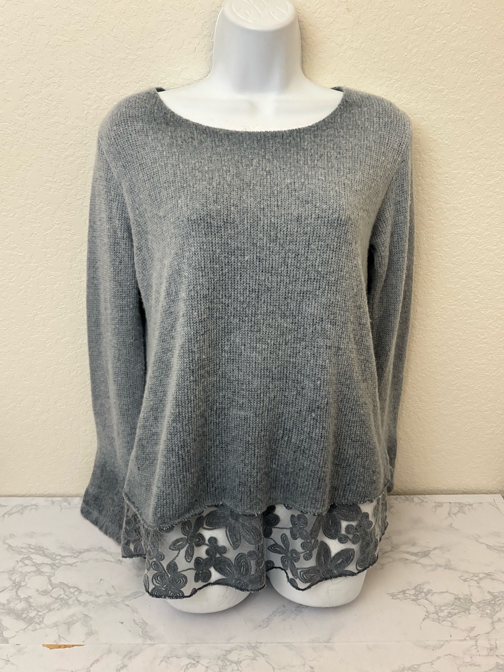 Y2K Babydoll Knit Cotton Long Sleeve Scoop Neck Lace Top Size M Pullover